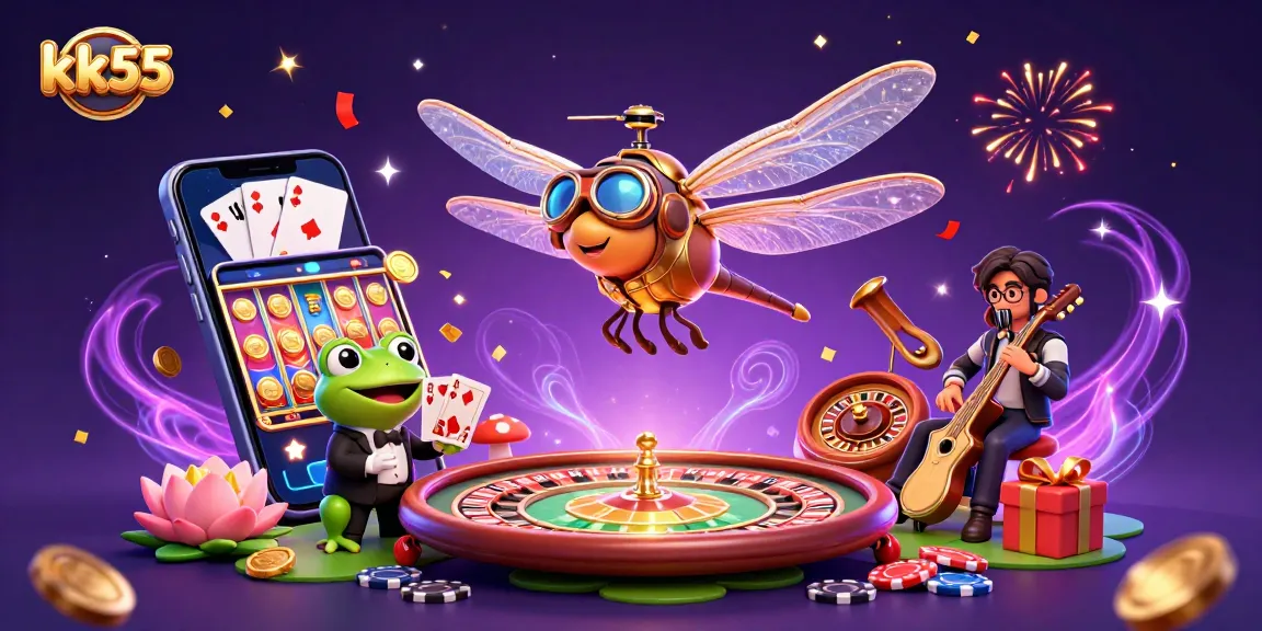 Experience thrilling games at kk55 while enjoying vibrant 3D visual art featuring a lively casino scene.