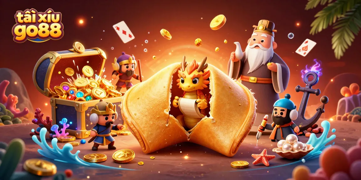 Tài xỉu go88 offers players engaging visuals of a giant fortune cookie and a wise dragon, surrounded by treasure and casino elements.
