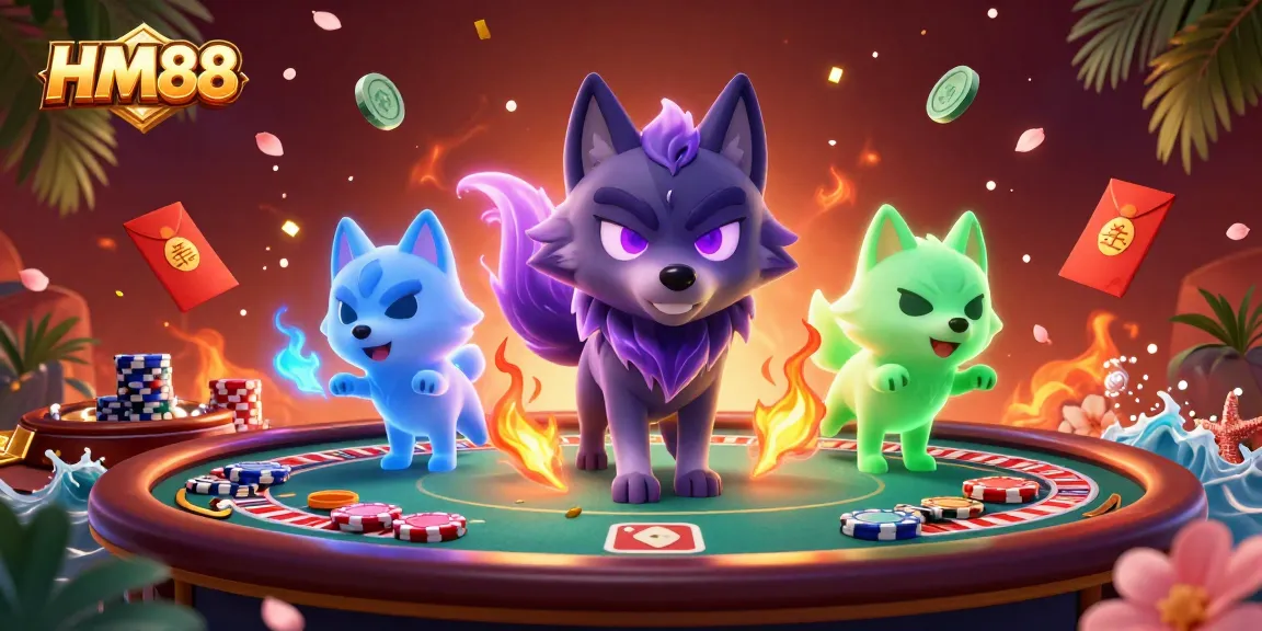 Engage in thrilling gameplay at HM88, featuring wolves, poker tables, and vibrant casino elements.