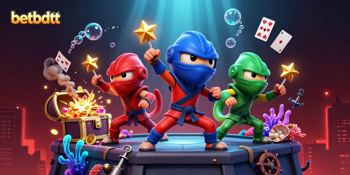 Betbdtt showcases dynamic ninja chameleons amid casino treasures and gaming elements.