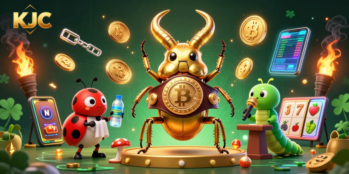 KJC strategies engage players in a vibrant 3D casino world filled with dynamic slot reels and glowing crypto coins.