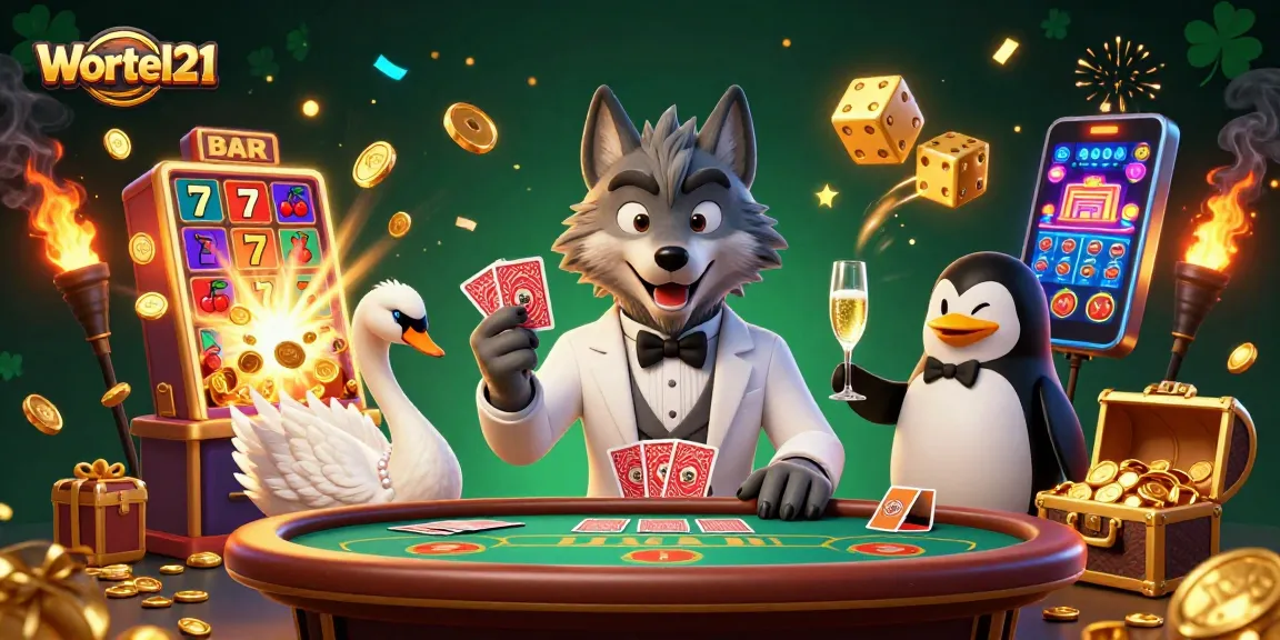 Wortel21 showcases winning moments with a debonair wolf and an elegant swan at a lively baccarat table.