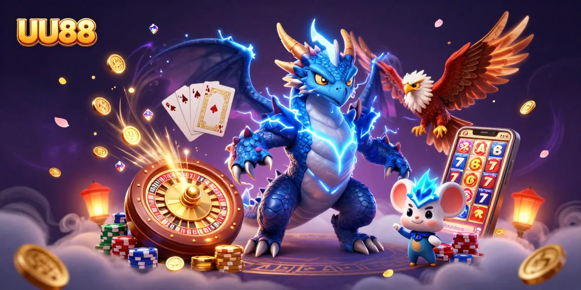 UU88 engages players with a vivid 3D casino scene featuring exciting games and golden rewards