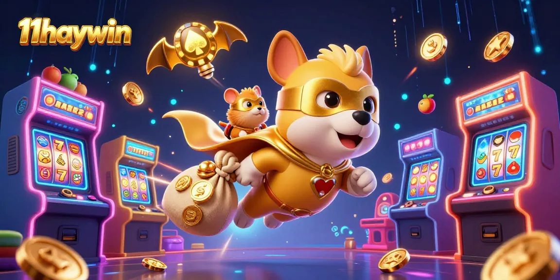 Experience winning moments with 11haywin, a vibrant 3D casino world filled with gold coins and game machines.