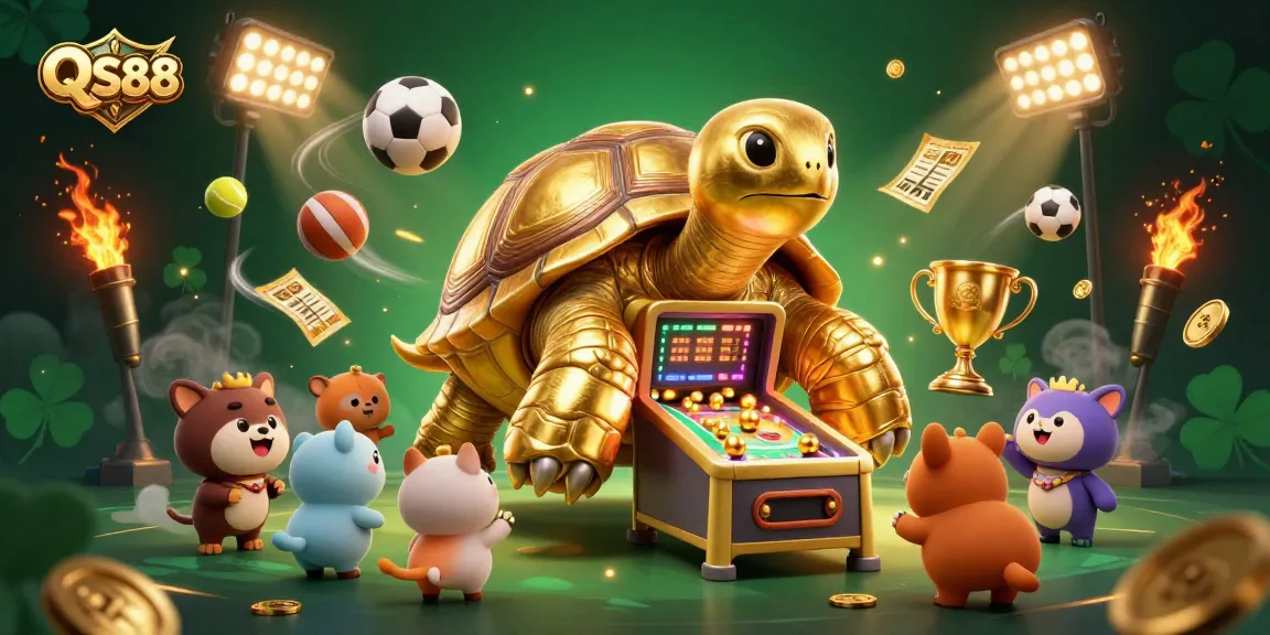 Experience exciting play at QS88 with a dynamic scene of a golden tortoise pinball, sports balls, and gold coins.