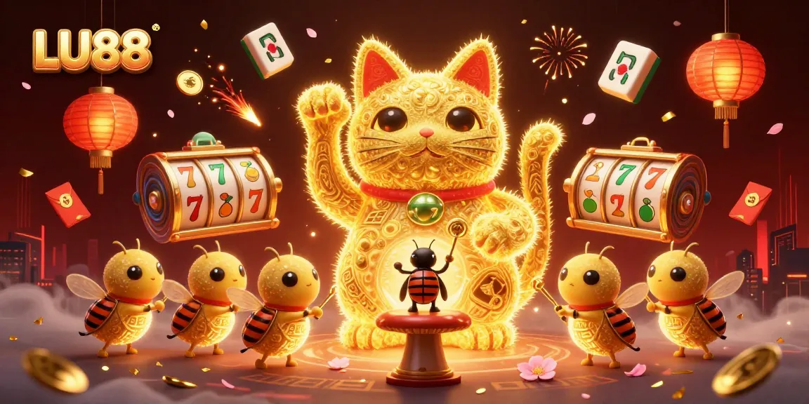 Experience winning with LU88 in a vibrant 3D casino scene illustrating festive symbols and bonuses.