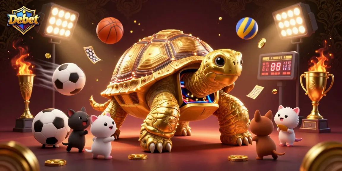 Debet showcases a lively scene with a golden tortoise pinball machine surrounded by animated sports elements.