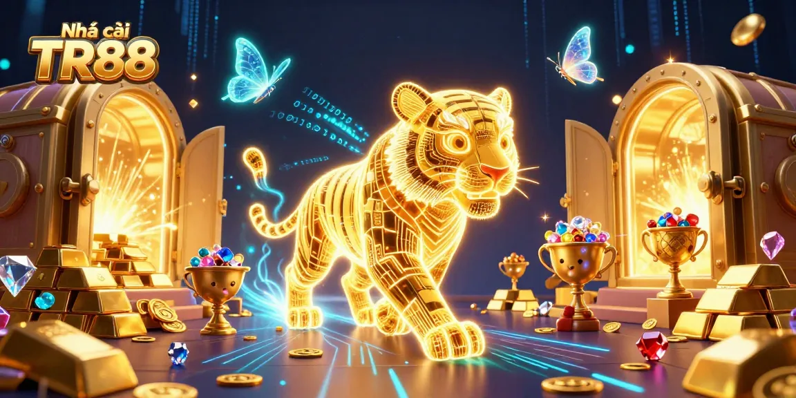 Experience thrilling gaming at Nhà cái TR88 with a vibrant golden tiger in a digital casino.