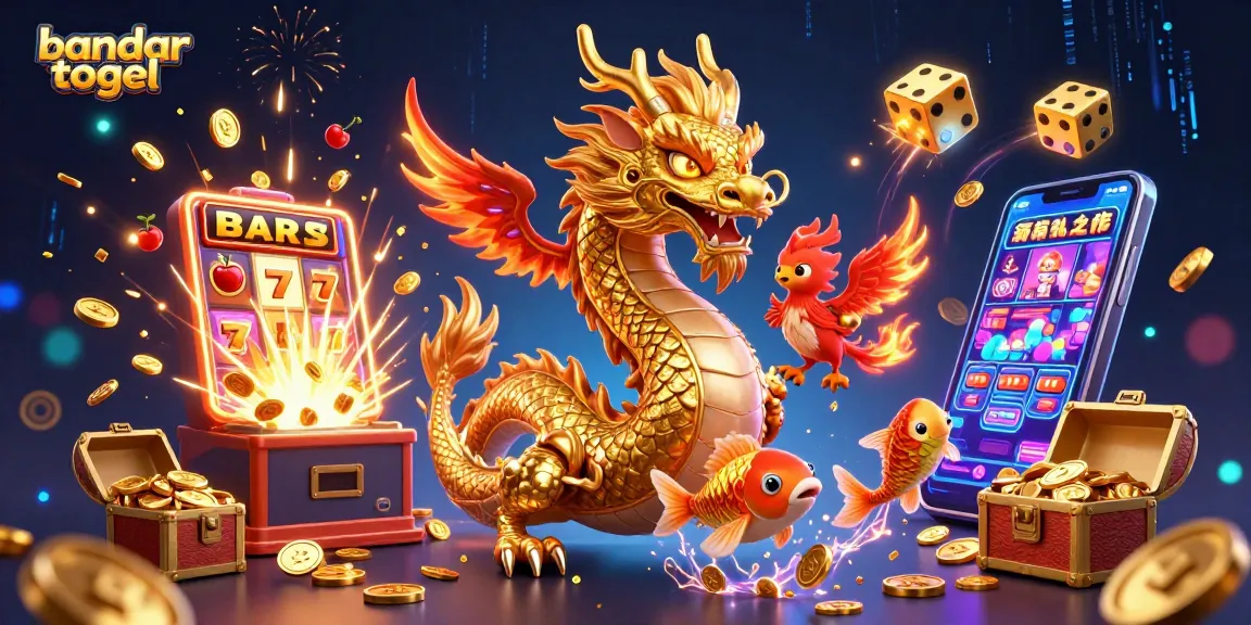 Engage with bandar togel in an exciting scene of a golden dragon, colorful gambling symbols, and coins.