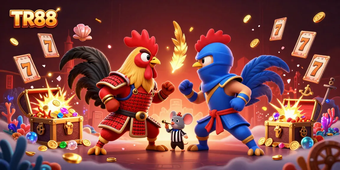 Engage with the TR88 casino scene showcasing a dynamic battle between samurai and ninja roosters amid exploding gold and vibrant slot elements.