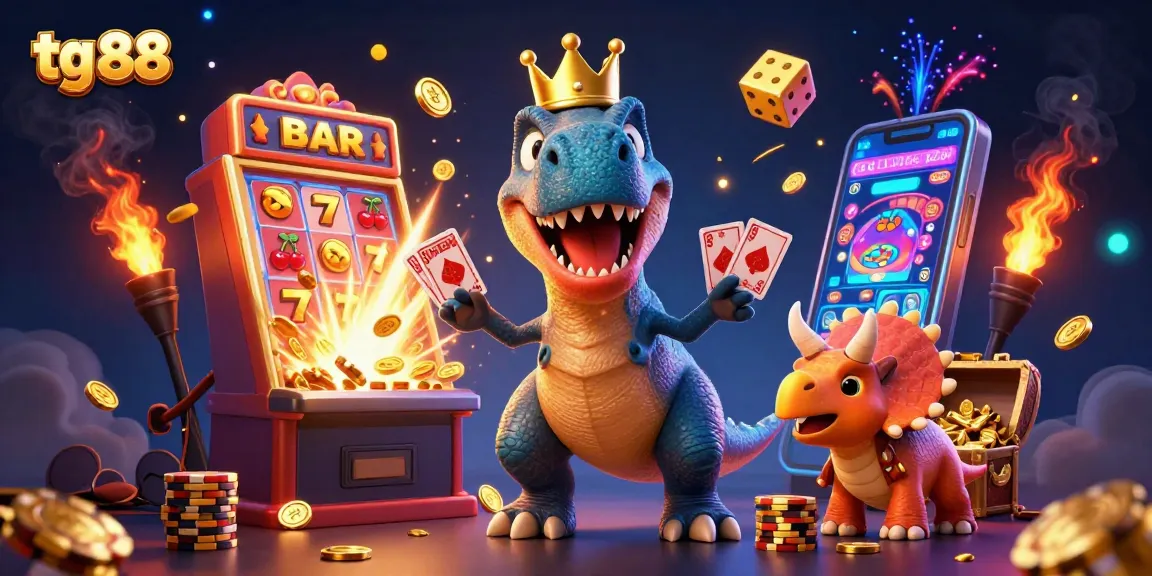 Experience the exciting world of tg 88 with vivid characters like T-Rex shuffling cards and vibrant slot elements.