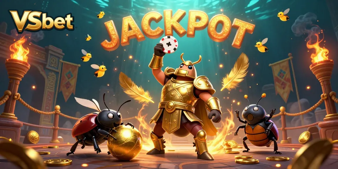 Spin and win at VSbet with a vibrant 3D casino illustration featuring beetles celebrating a jackpot.