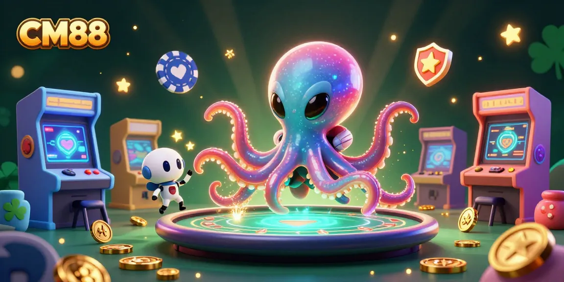 Engage in thrilling games at CM88 with a captivating alien octopus dealing poker amidst shining arcade machines.