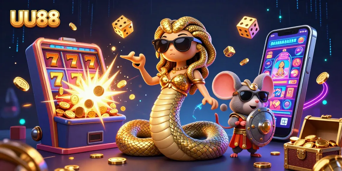Experience thrilling gameplay at UU88 with a cute Medusa and warrior mouse in a vibrant casino scene.