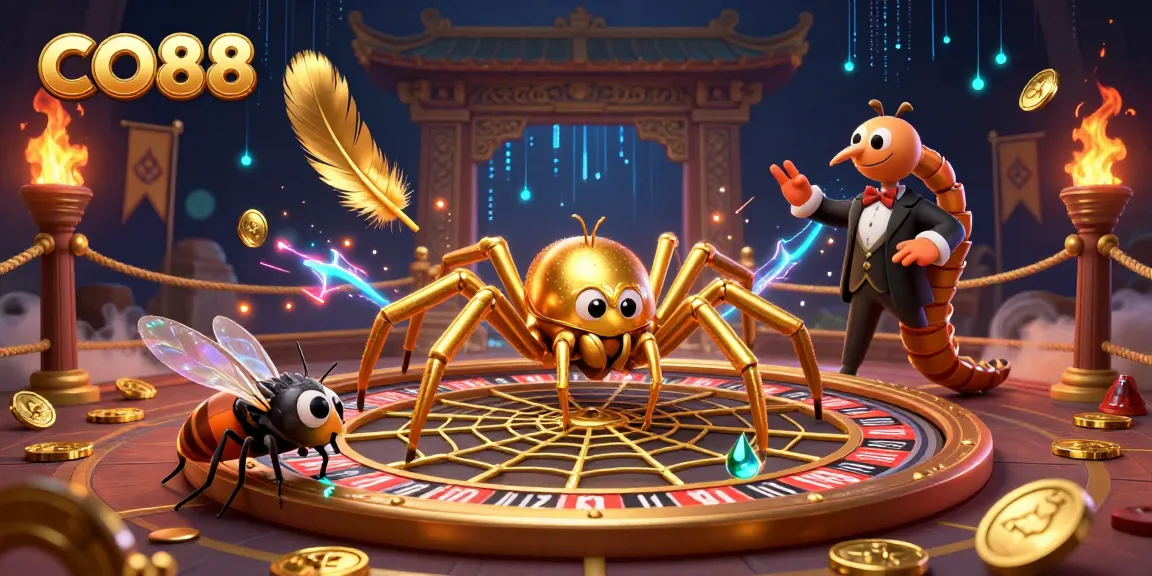 Engaging scene of CO88 casino action, featuring unique characters placing bets in a roulette-inspired web.