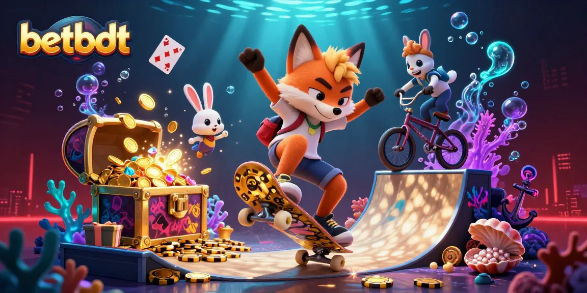 Experience thrilling moments at betbdt with a skateboarder fox and BMX rabbit in a vibrant casino scene.