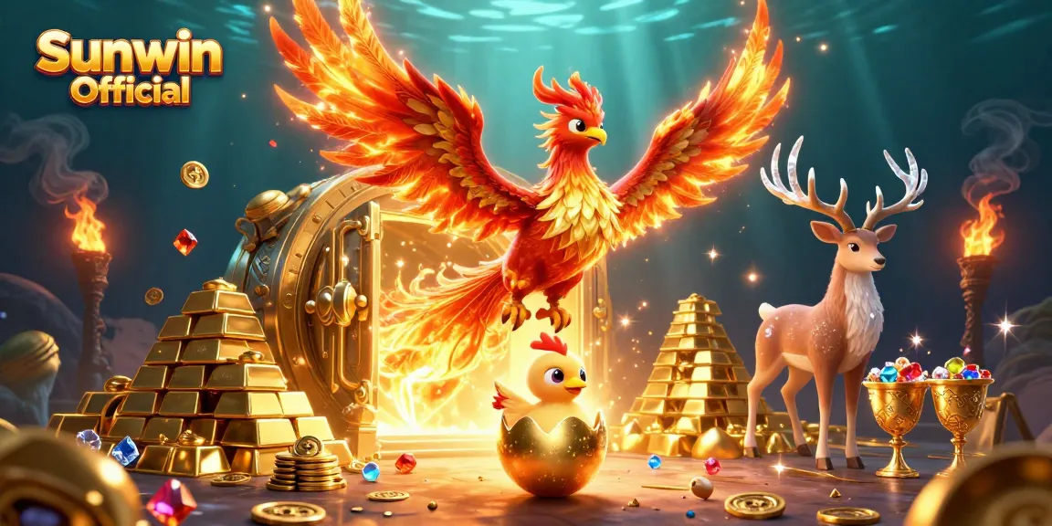 Win big with Sunwin Official as a vibrant phoenix rises among treasures in this casino-themed illustration.