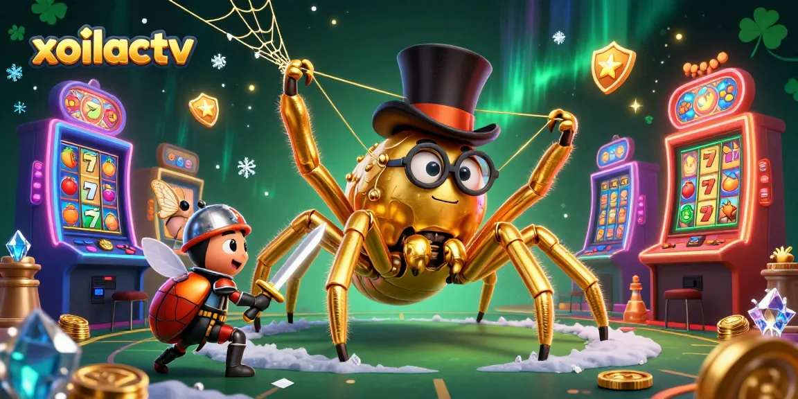 xoilactv showcases a golden tarantula and a beetle knight amidst vibrant casino elements.