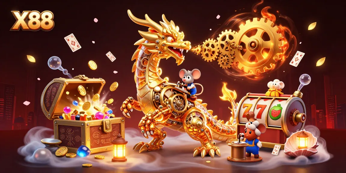 Experience thrilling gameplay at X88 with a vibrant 3D scene featuring a golden dragon and dynamic casino elements.