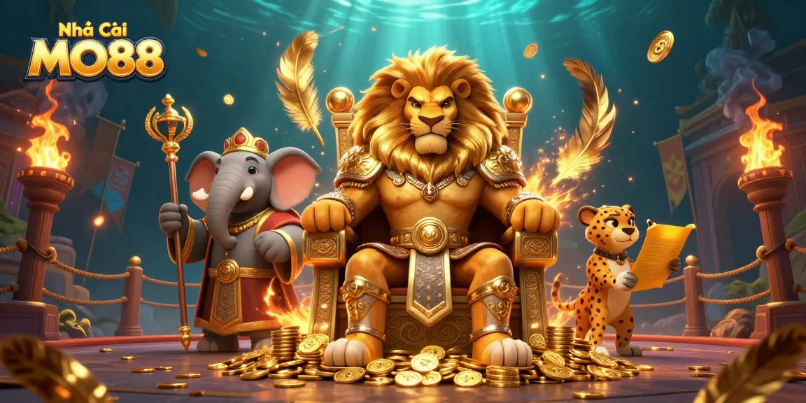 Engage with Nhà cái MO88's thrilling casino experiences featuring an impressive lion king and energetic characters.