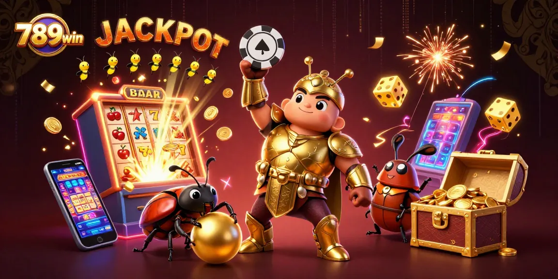 Engage with 789win by celebrating a casino victory with a colorful jackpot scene featuring cartoon beetles and slot machines.