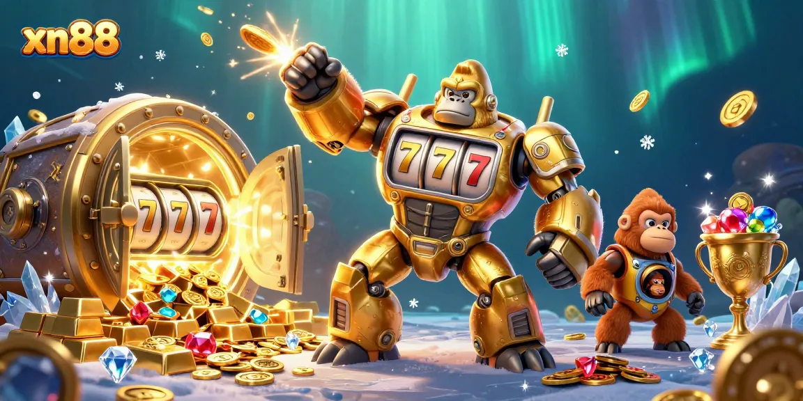 Experience thrilling gameplay with xn88's giant golden gorilla mech and vibrant casino elements.