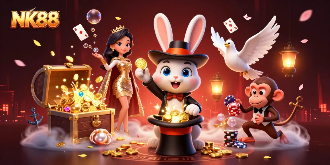 Engage with NK88's captivating world of 3D casino magic featuring playful characters and vibrant game elements.