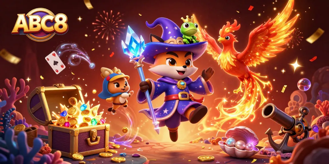 Experience thrilling gaming at ABC8 with the mystical wizard fox and phoenix in a vibrant casino atmosphere.