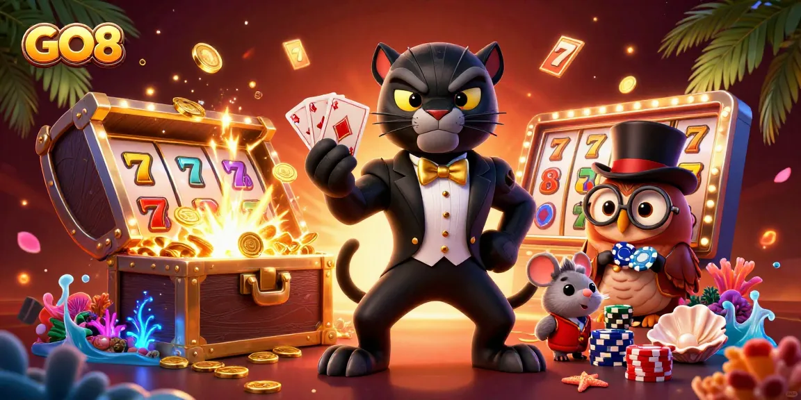 Experience thrilling gameplay at GO8 with a stylish panther dealer, unique characters, and slot action.