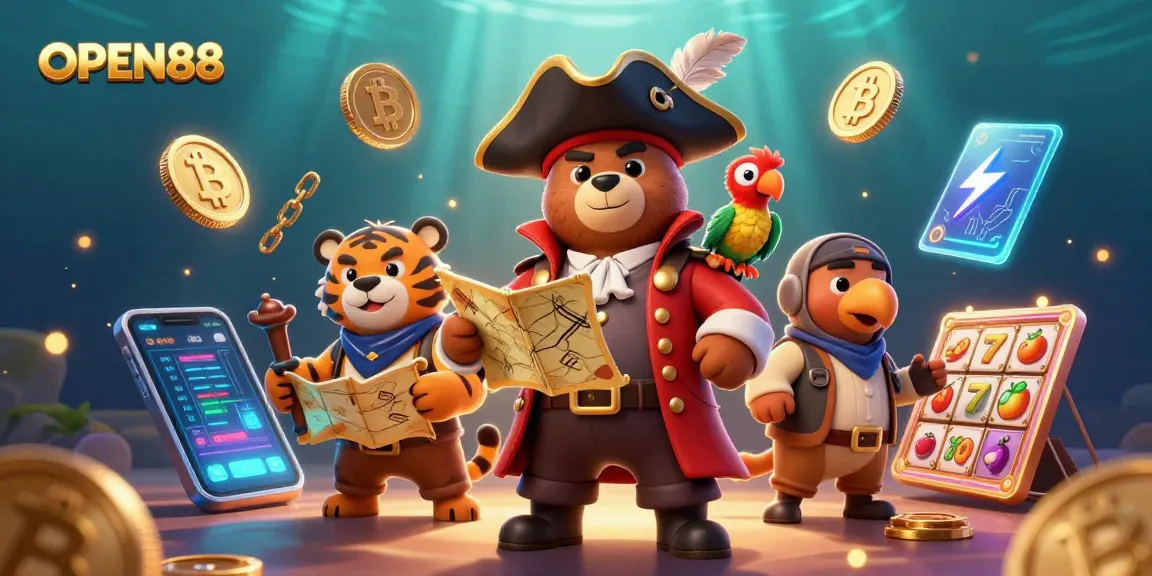 OPEN88 pirate-themed illustration showcasing characters amidst slot game elements and cryptocurrency symbols.