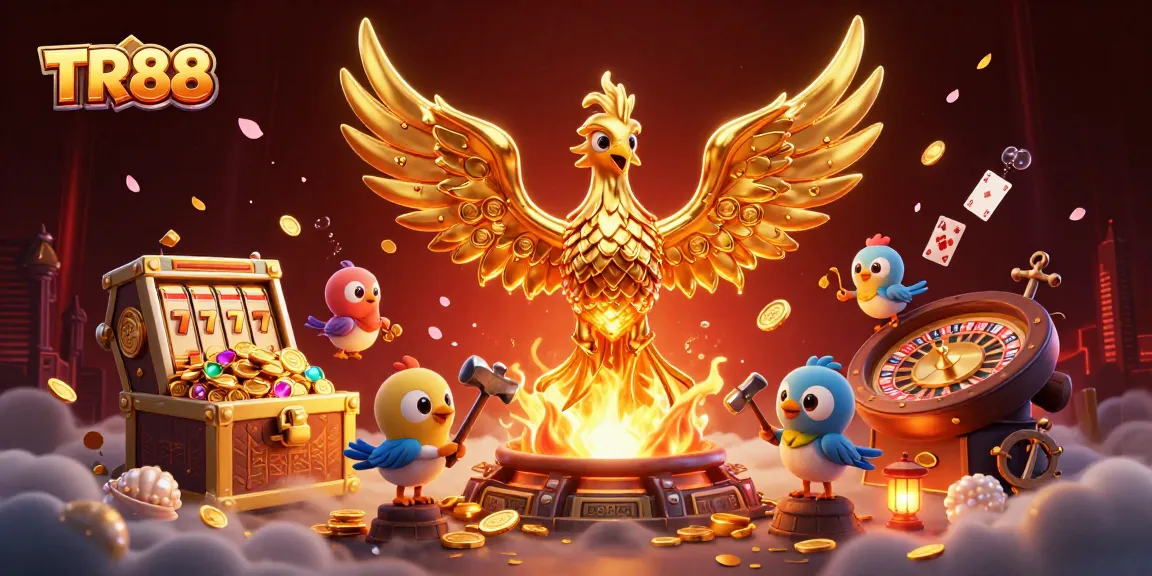 Experience the thrill of TR88 with a golden phoenix soaring above slot machines and vibrant game elements.