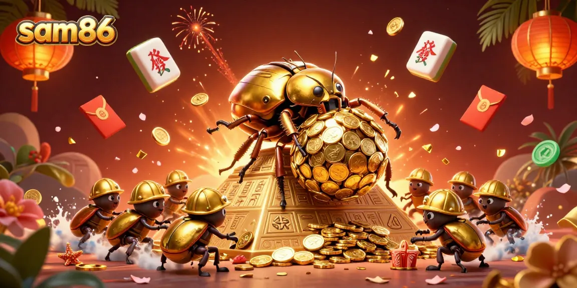 Experience the thrill of sam86 with a cartoon beetle rolling golden coin jackpots in a vibrant casino scene.