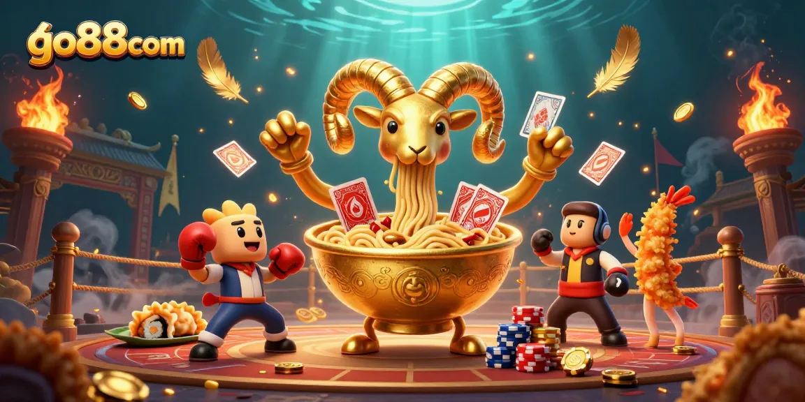 Engage with go88com while enjoying an exciting casino scene featuring a golden ramen bowl dealer.