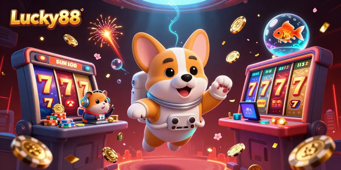 Experience exhilarating moments at Lucky88 with animated slot reels and festive decorations.