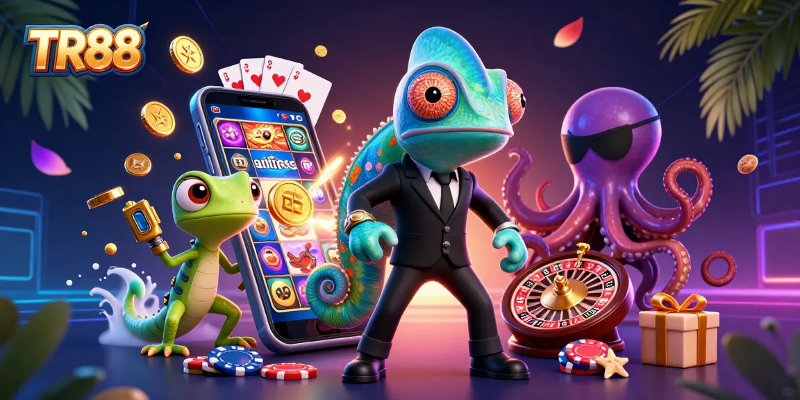 Experience TR88's thrilling slot games with dynamic characters like a secret agent chameleon in a vibrant casino setting.
