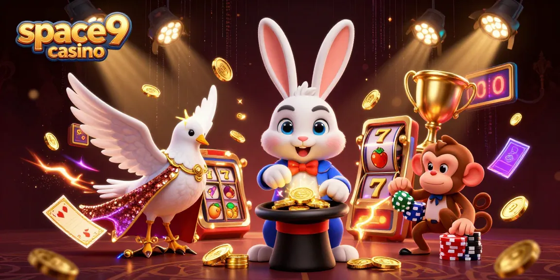 Experience the thrill at space9 casino with a magical 3D illustration of a rabbit, dove, and monkey in the casino.