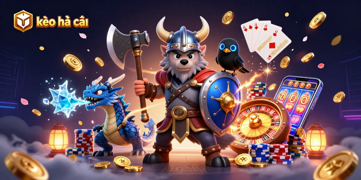 Engage with kèo nhà cái through this vibrant 3D illustration of a Viking wolf warrior and a fierce dragon in a dynamic casino setting.