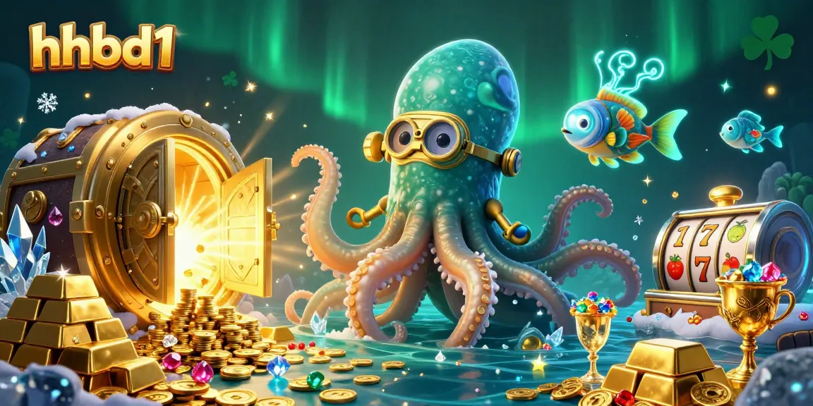 hhbd1 presents an engaging 3D illustration of a kraken, diving cat, and vibrant treasures symbolizing casino excitement