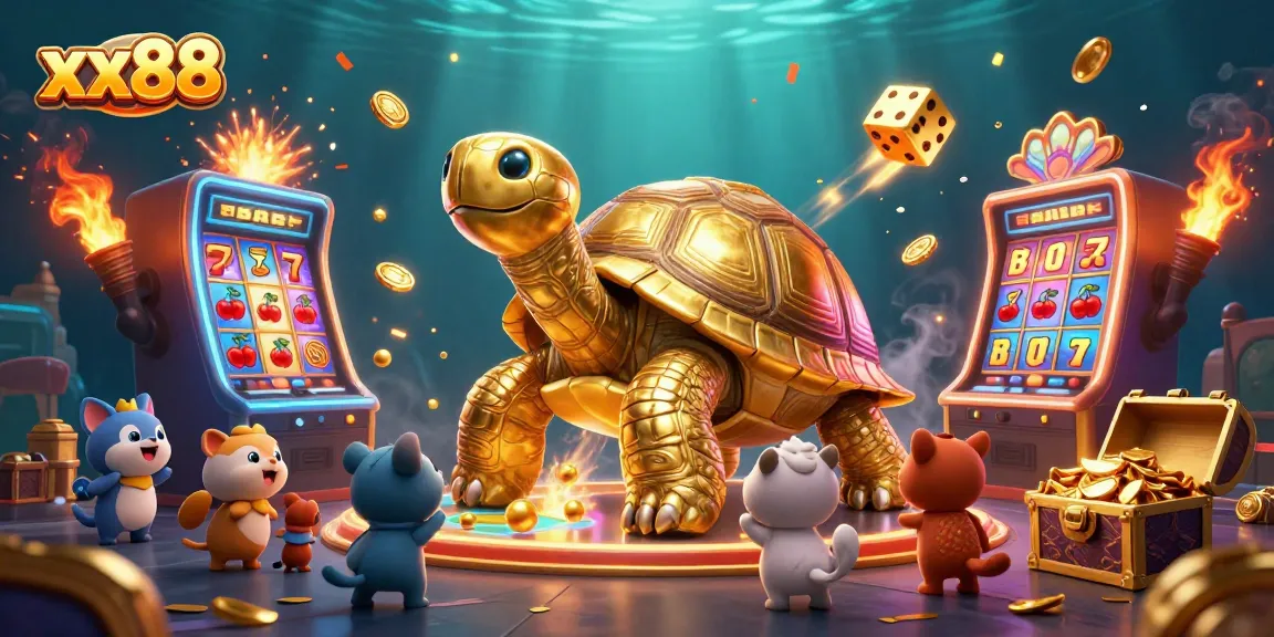 Experience exciting gameplay at xx88 with colorful slot machines, golden elements, and playful characters.