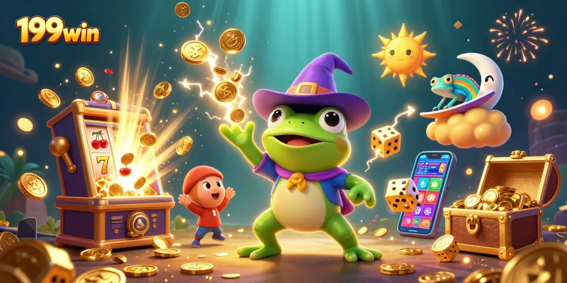 Experience the thrill of 199win with a magical scene of golden coins and casino games.