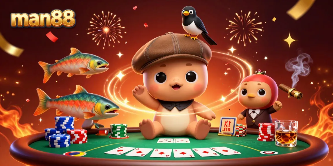 Engage with man88's vibrant poker scene featuring Nessie and friends in cheerful fun.