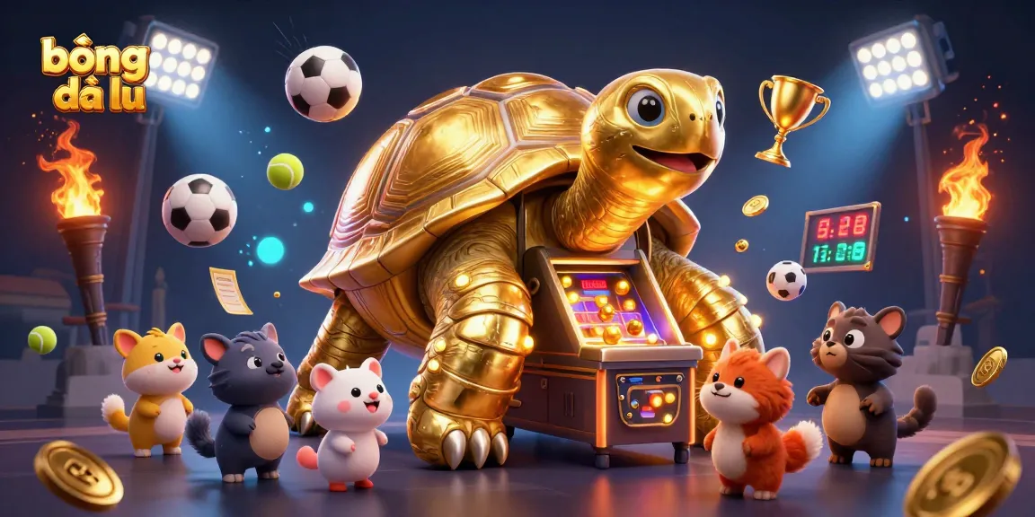 Experience the excitement of bóng đá lu with a dynamic scene featuring a golden tortoise and vibrant sports elements.