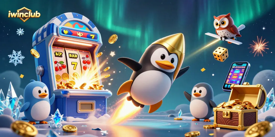 Play exciting games at iwinclub with a vibrant cosmic scene featuring a golden penguin and casino elements.