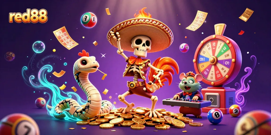 Experience fun with red88 as a vibrant casino scene comes to life with colorful lottery elements.