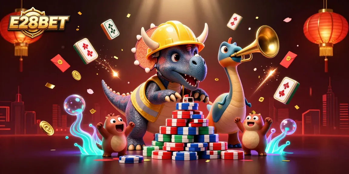 E28BET offers exciting wins with a vibrant casino scene of cheerful characters involved in gaming.