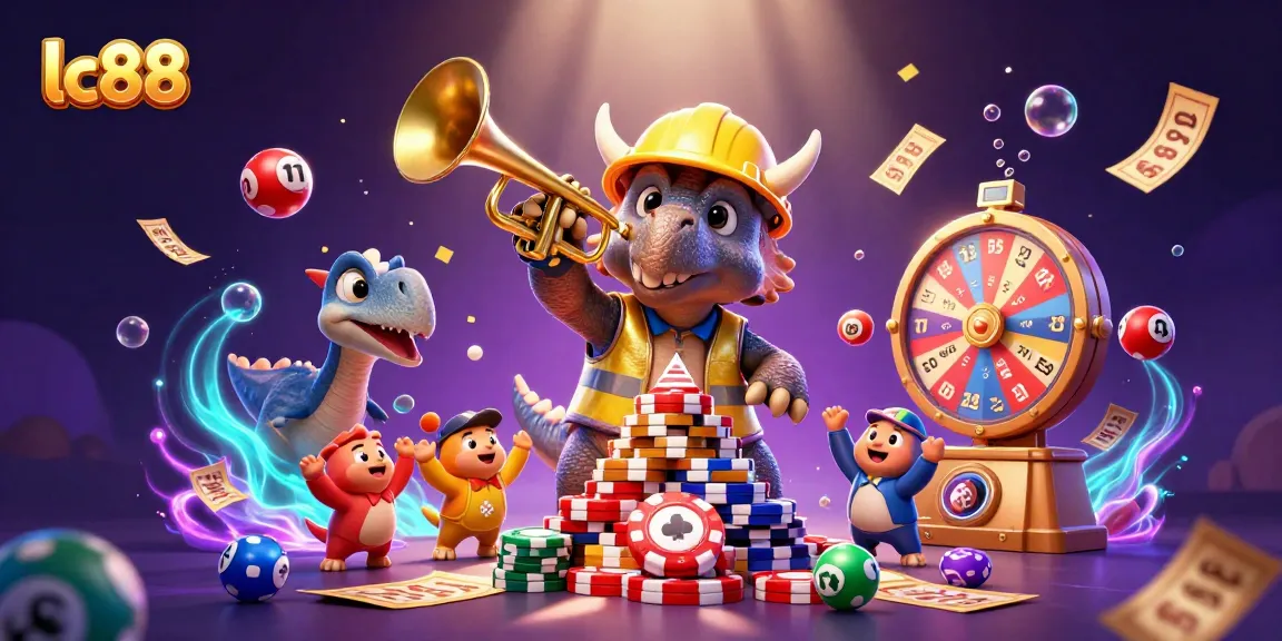 Engage in thrilling casino fun at lc88 with a vibrant 3D illustration featuring colorful lottery elements and joyful characters.