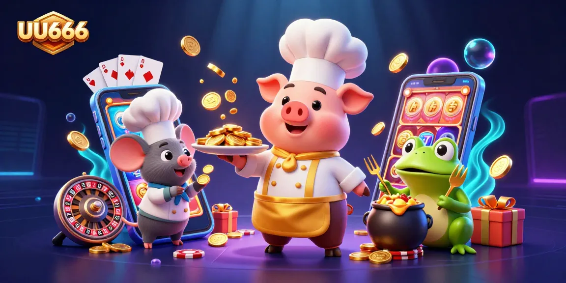 UU666 gamblers enjoy golden coins and exciting slot games in this vibrant cartoon illustration.