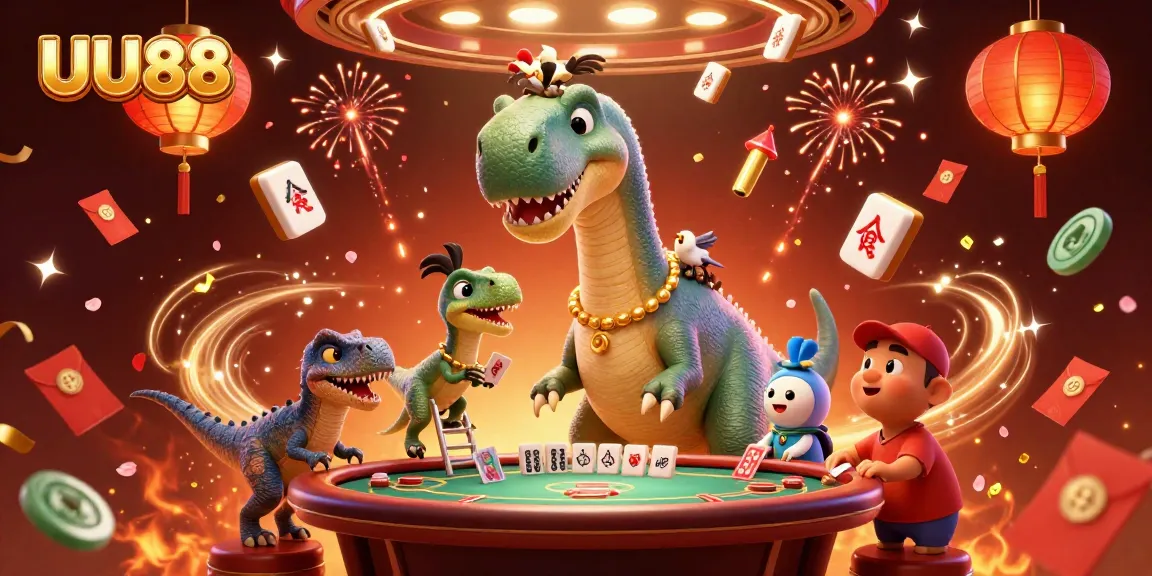 Experience the vibrant UU88 casino atmosphere with a playful brontosaurus and clever raptor dealing cards.