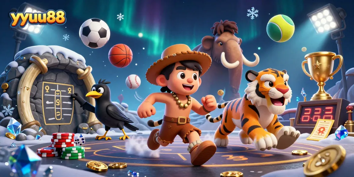 yyuu88 showcases a lively scene of a prehistoric casino with engaging characters and vibrant sports elements.