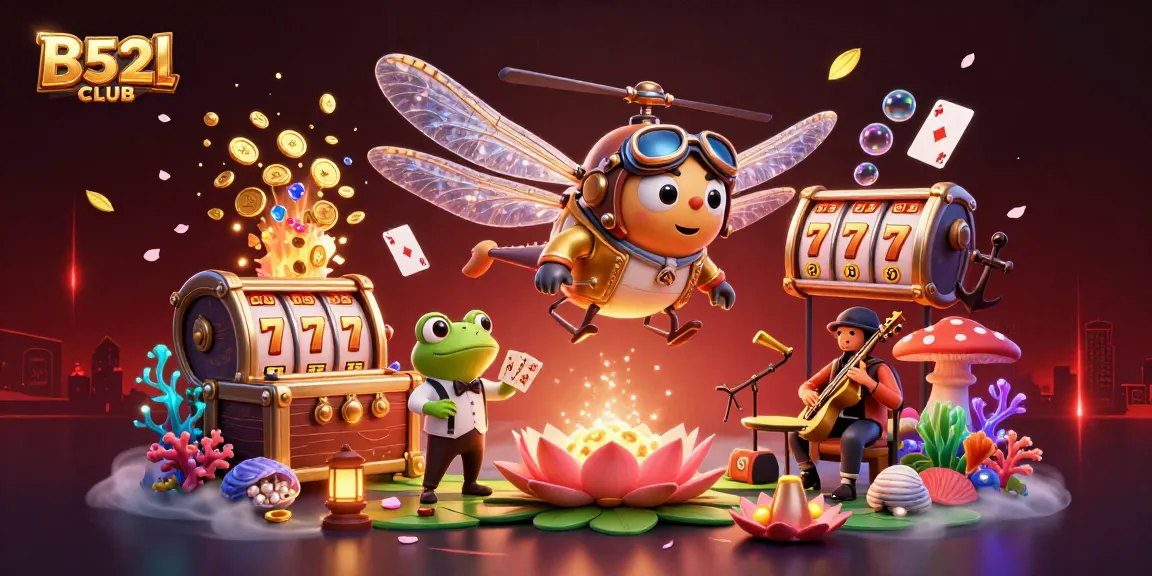 B52CLUB features a vibrant 3D scene of a dragonfly pilot and frog croupier amidst dynamic casino elements.